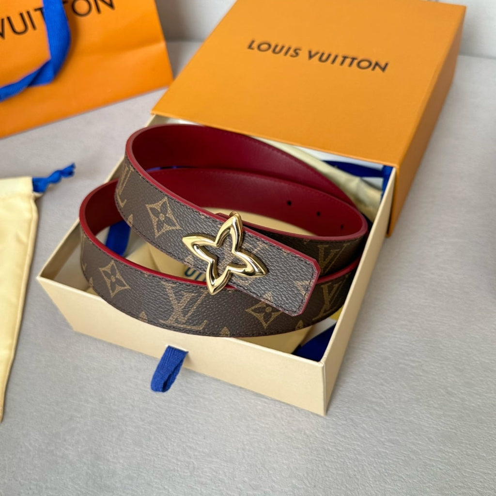 LV  MINI FLOWERGRAM 30MM REVERSIBLE BELT IN BLOOD RED CALFSKIN GOLD HARDWARE