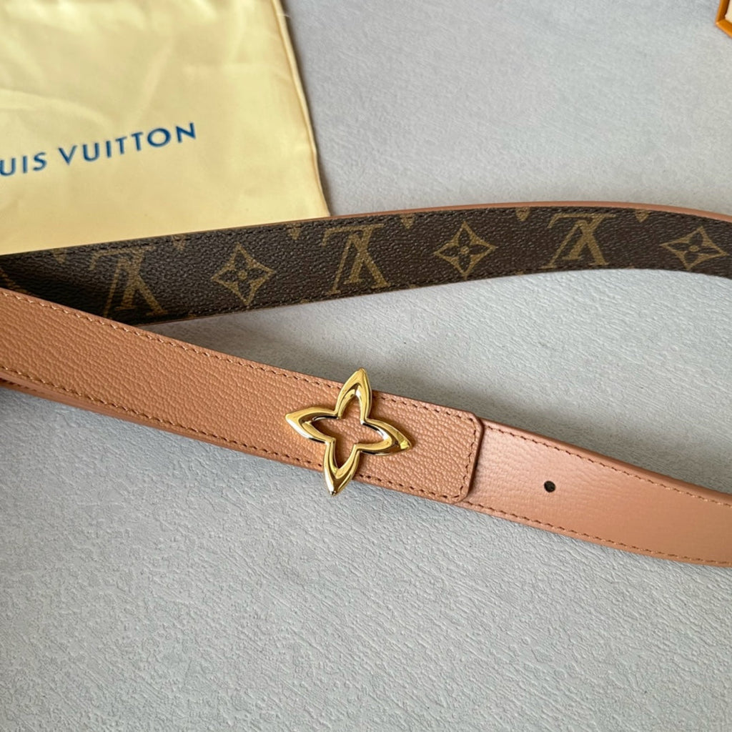 LV  MINI FLOWERGRAM 30MM REVERSIBLE BELT IN BUFF BROWN CALFSKIN GOLD HARDWARE