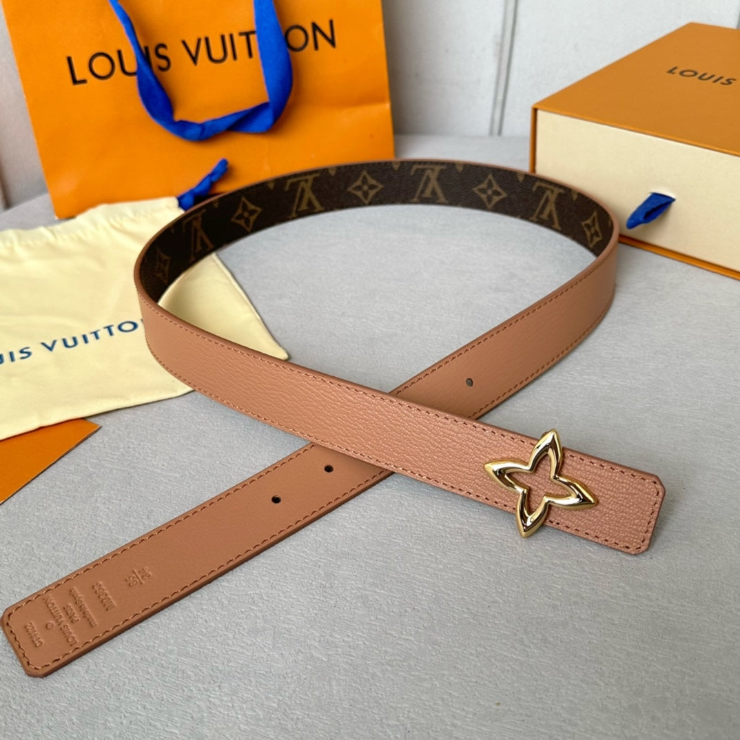 LV  MINI FLOWERGRAM 30MM REVERSIBLE BELT IN BUFF BROWN CALFSKIN GOLD HARDWARE