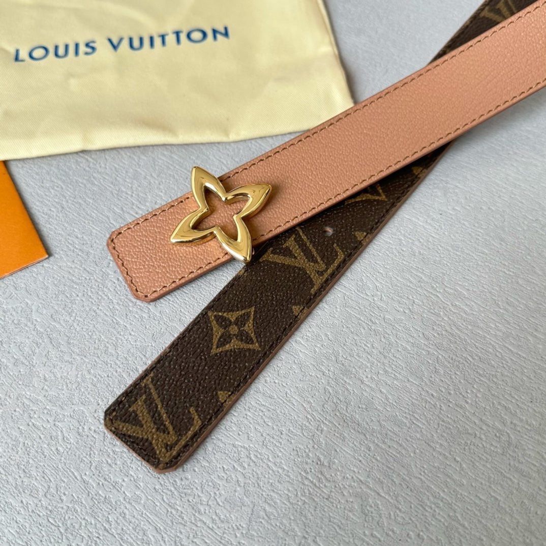 LV  MINI FLOWERGRAM 30MM REVERSIBLE BELT IN BUFF BROWN CALFSKIN GOLD HARDWARE