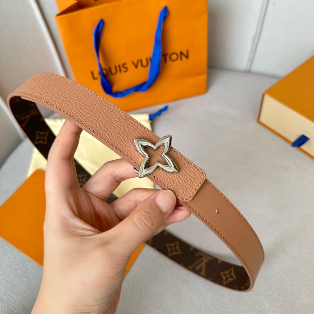 LV  MINI FLOWERGRAM 30MM REVERSIBLE BELT IN BUFF BROWN CALFSKIN SILVER HARDWARE