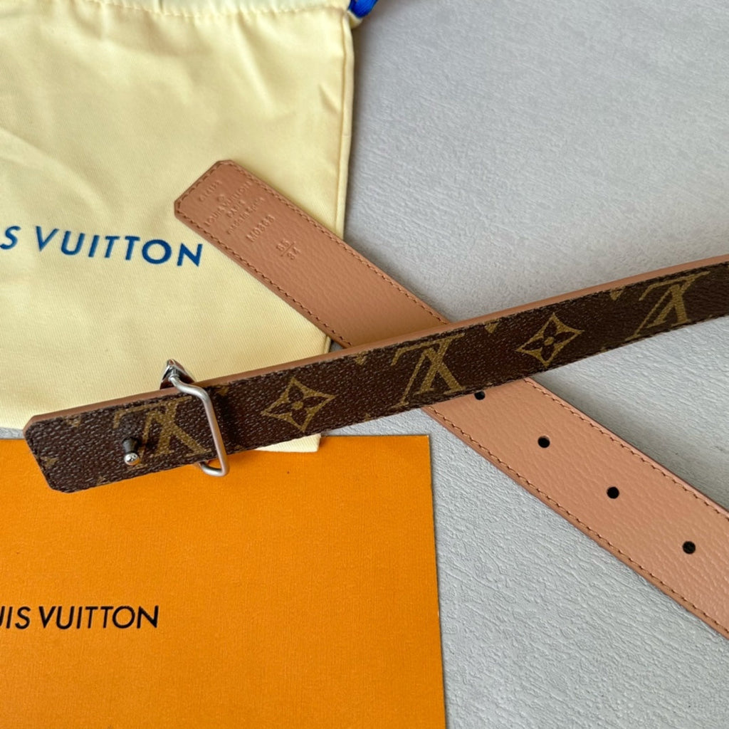 LV Flowergram 30mm Reversible Belt Silver Buckle Beige Brown Leather