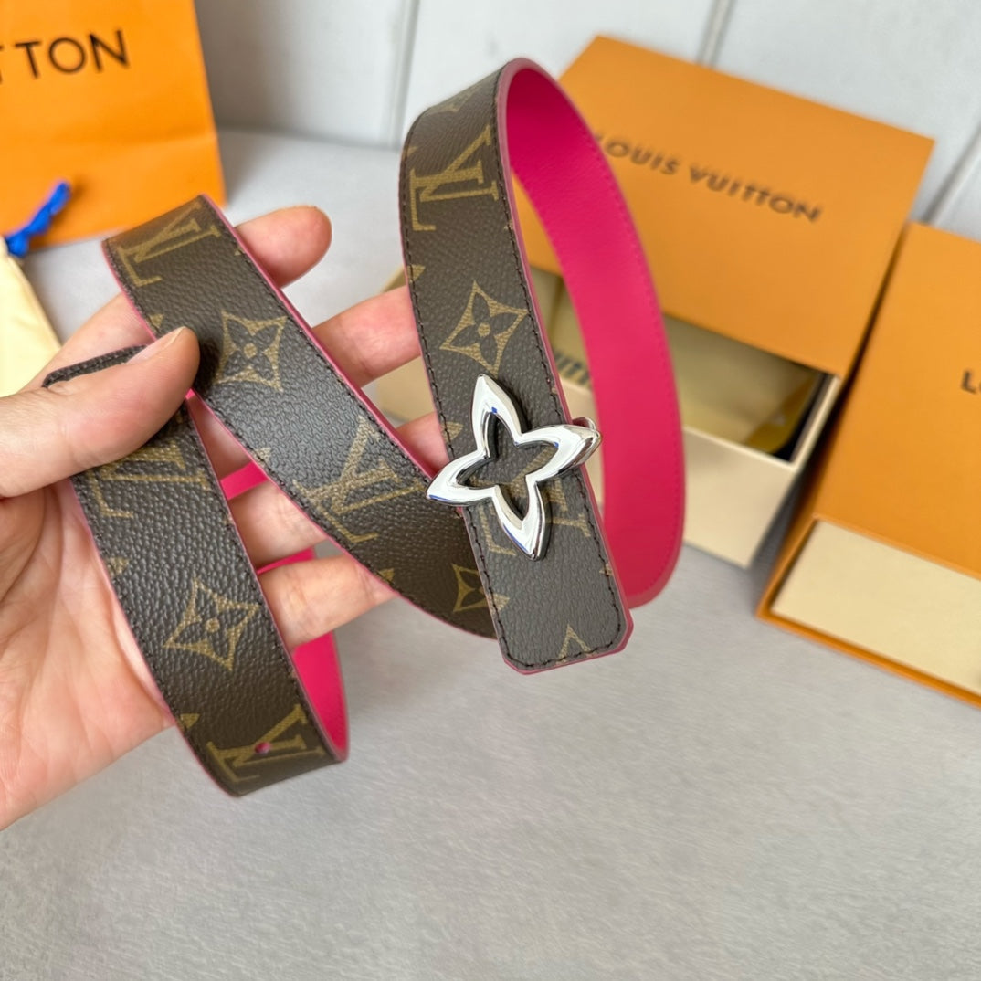 LV  MINI FLOWERGRAM 30MM REVERSIBLE BELT IN BRIGHT PINK CALFSKIN SILVER HARDWARE