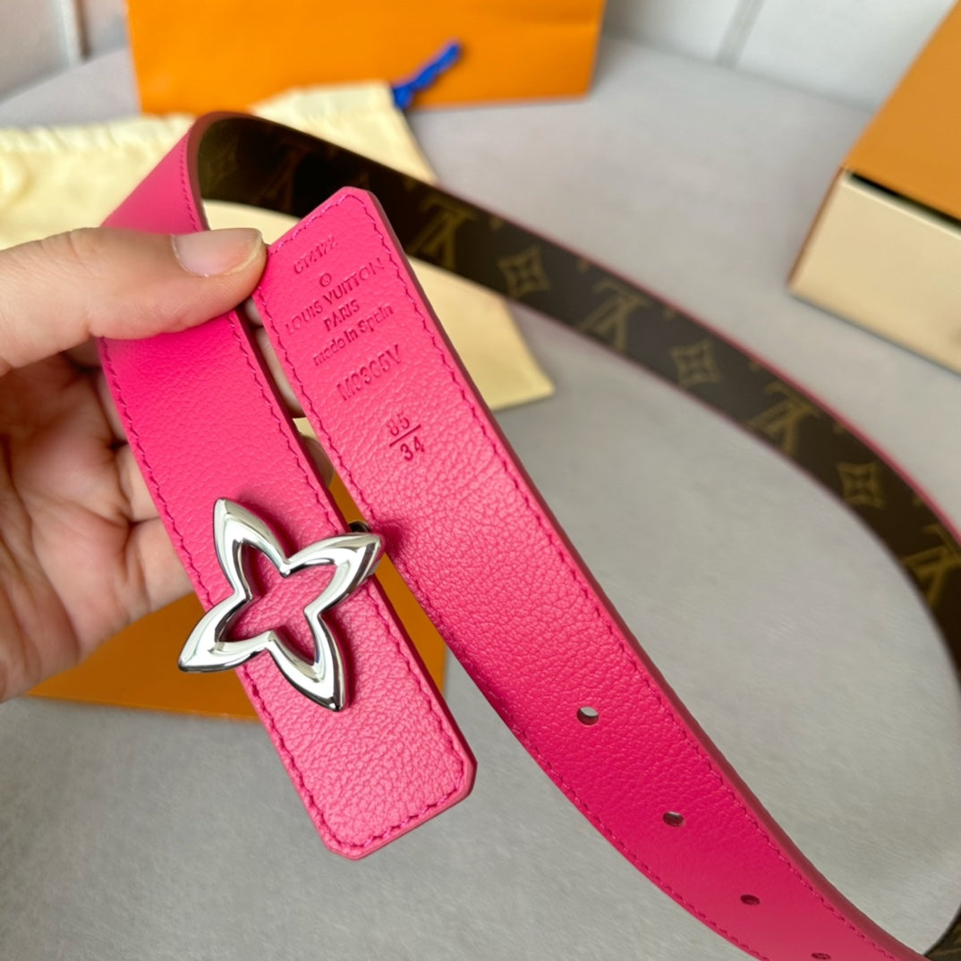 LV  MINI FLOWERGRAM 30MM REVERSIBLE BELT IN BRIGHT PINK CALFSKIN SILVER HARDWARE