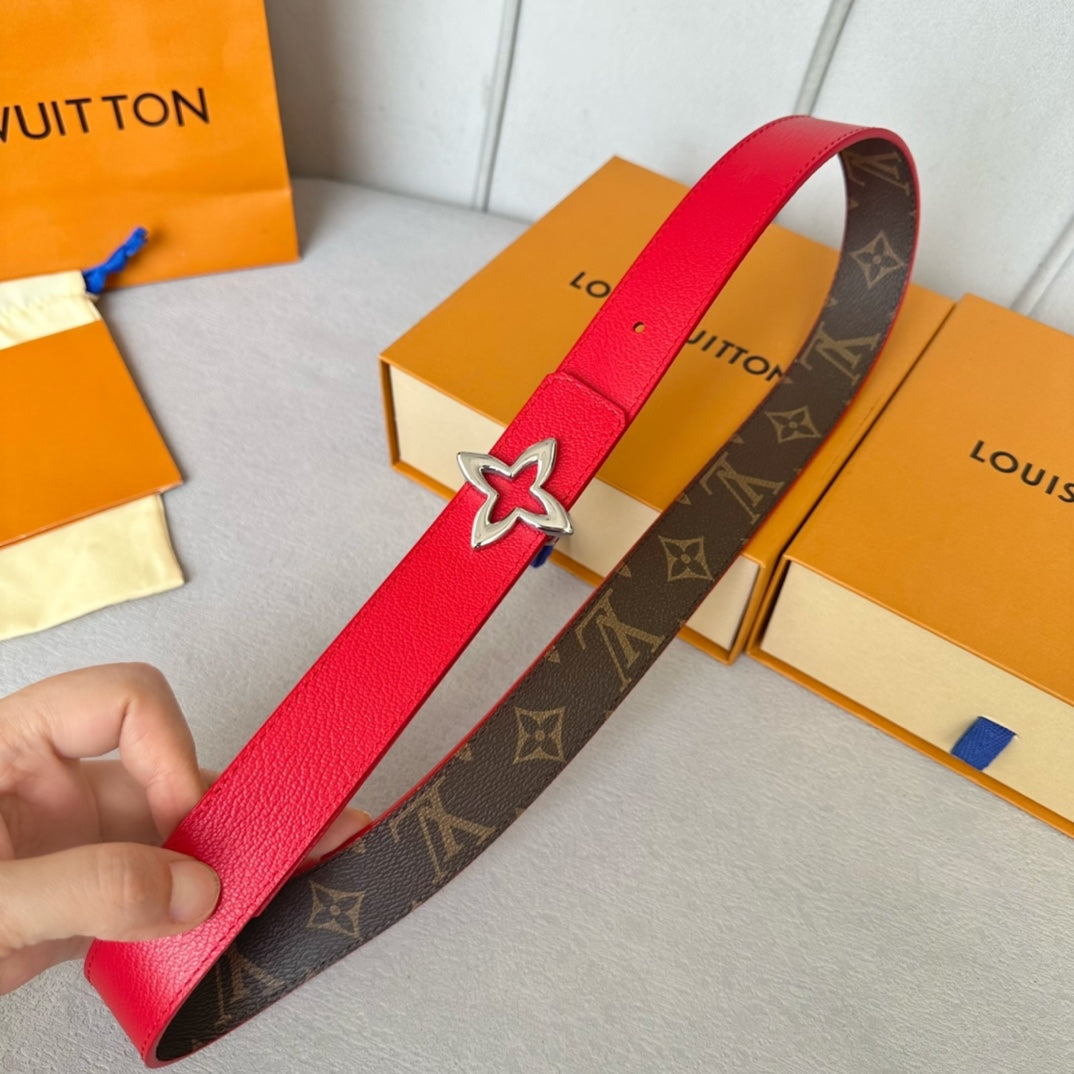 LV  MINI FLOWERGRAM 30MM REVERSIBLE BELT IN CHERRY RED CALFSKIN SILVER HARDWARE