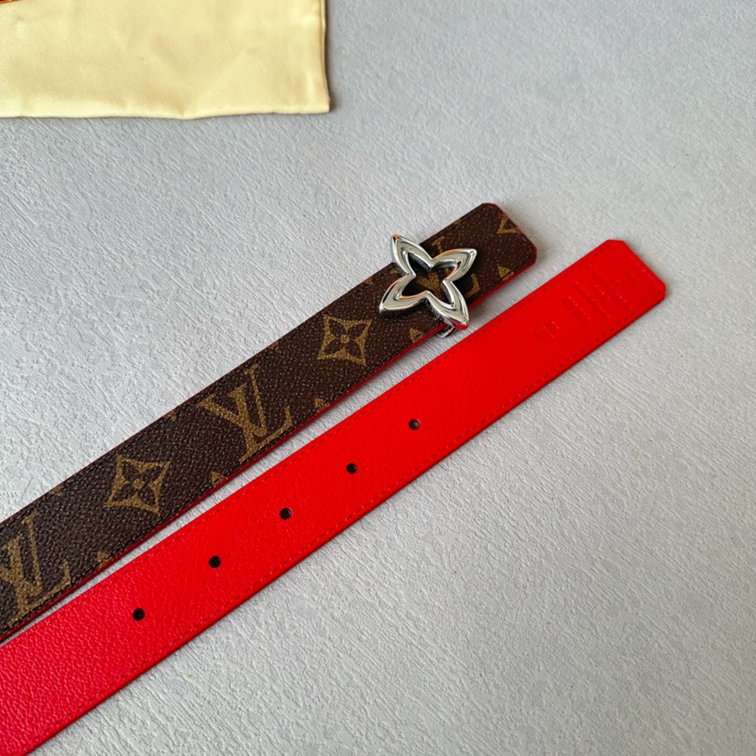 LV Flowergram 30mm Reversible Belt Silver Buckle Red Brown Leather