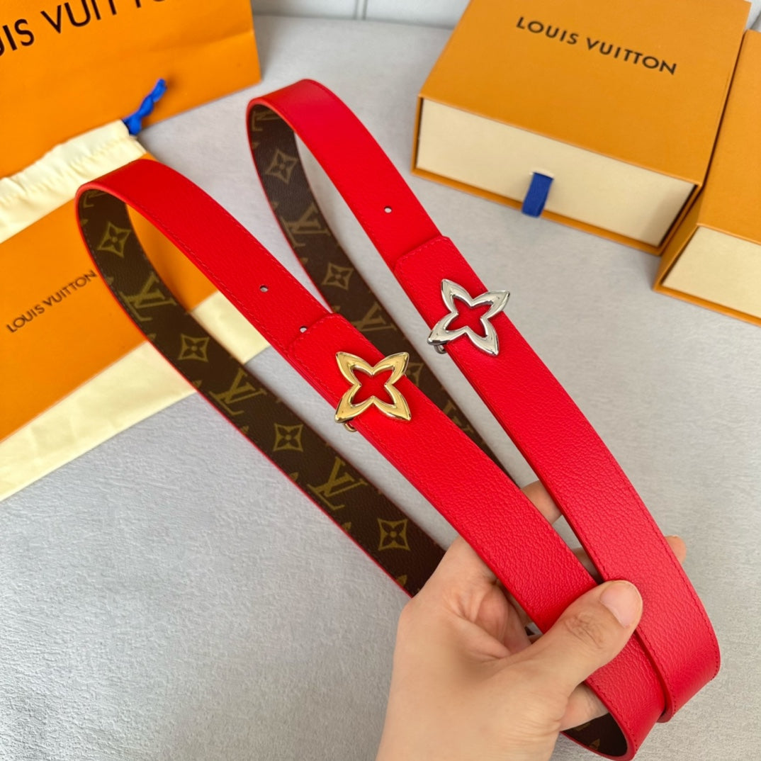 LV  MINI FLOWERGRAM 30MM REVERSIBLE BELT IN CHERRY RED CALFSKIN SILVER HARDWARE