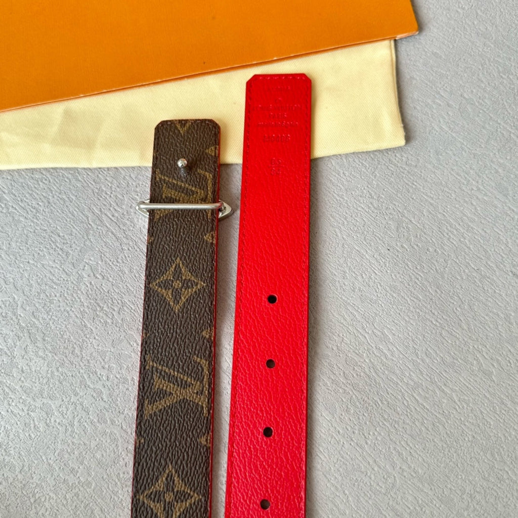 LV  MINI FLOWERGRAM 30MM REVERSIBLE BELT IN CHERRY RED CALFSKIN SILVER HARDWARE