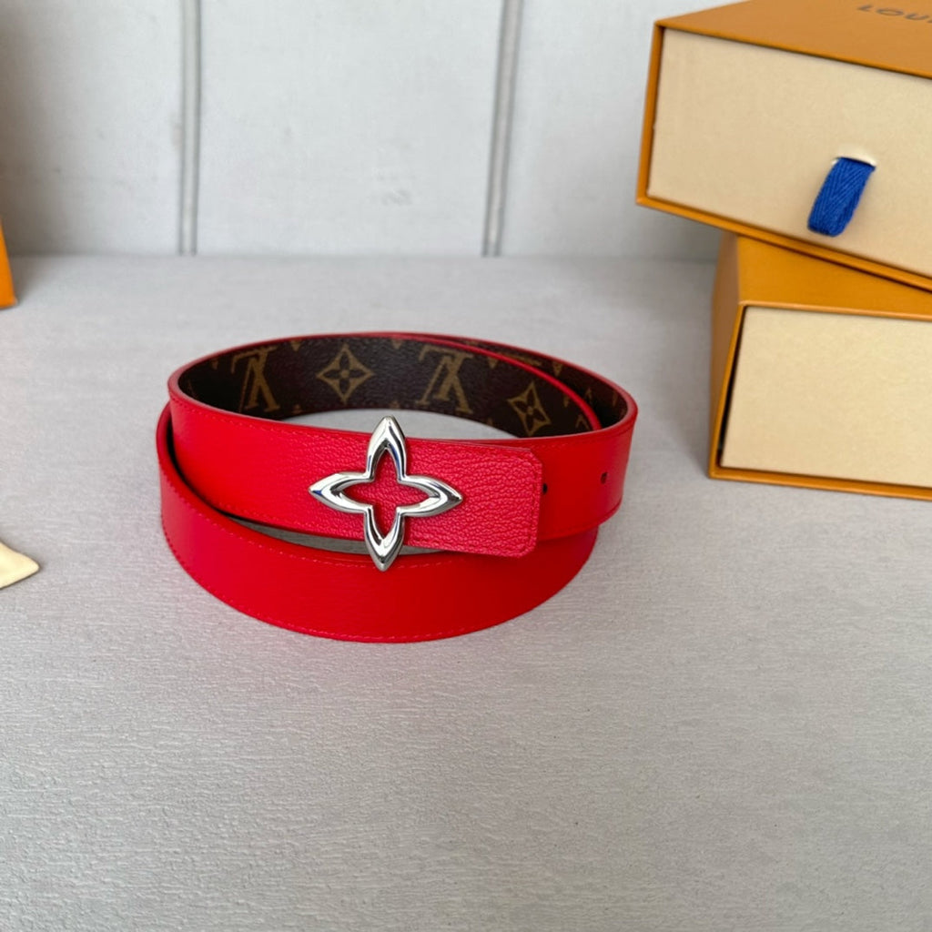 LV  MINI FLOWERGRAM 30MM REVERSIBLE BELT IN CHERRY RED CALFSKIN SILVER HARDWARE