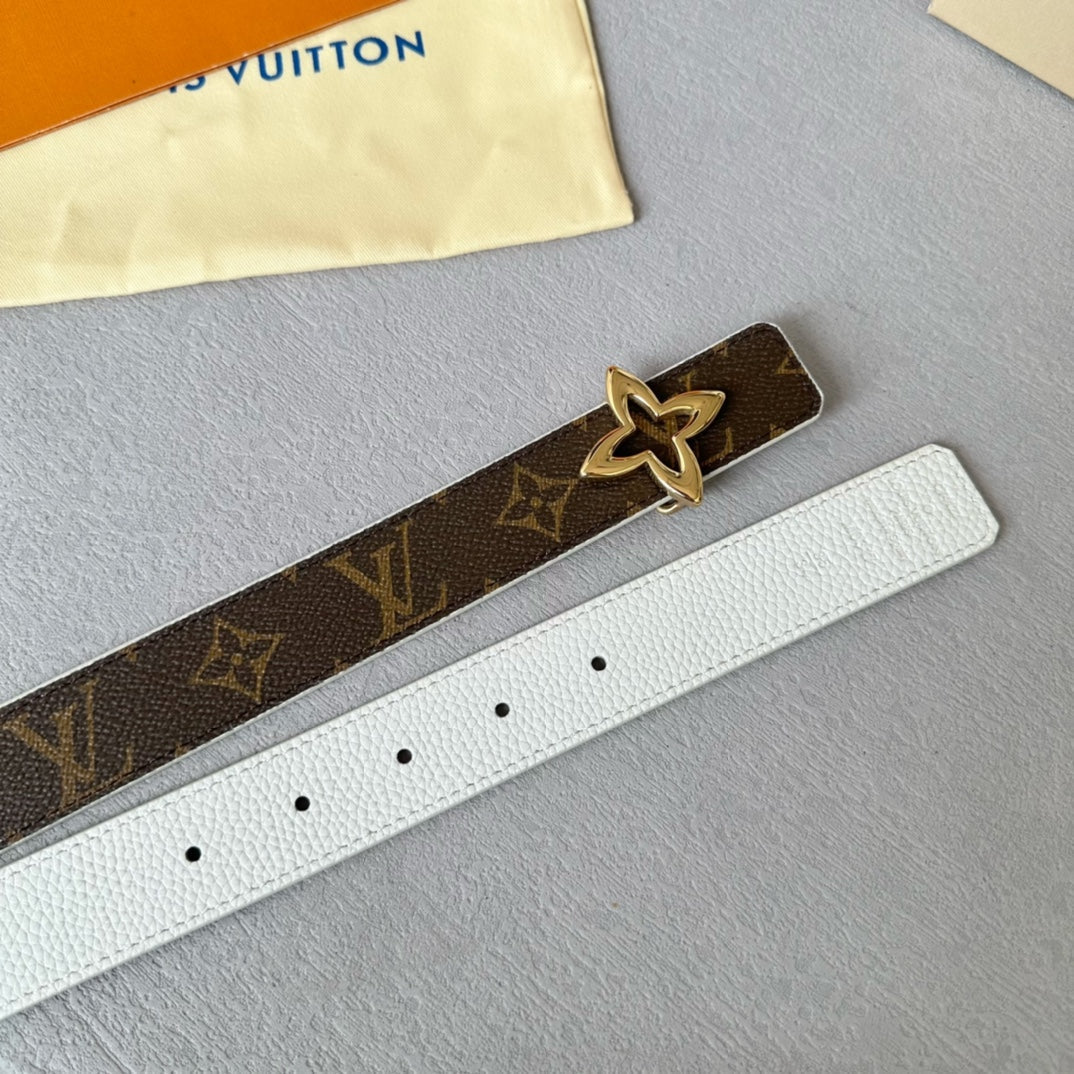 LV  MINI FLOWERGRAM 30MM REVERSIBLE BELT IN WHITE CALFSKIN GOLD HARDWARE