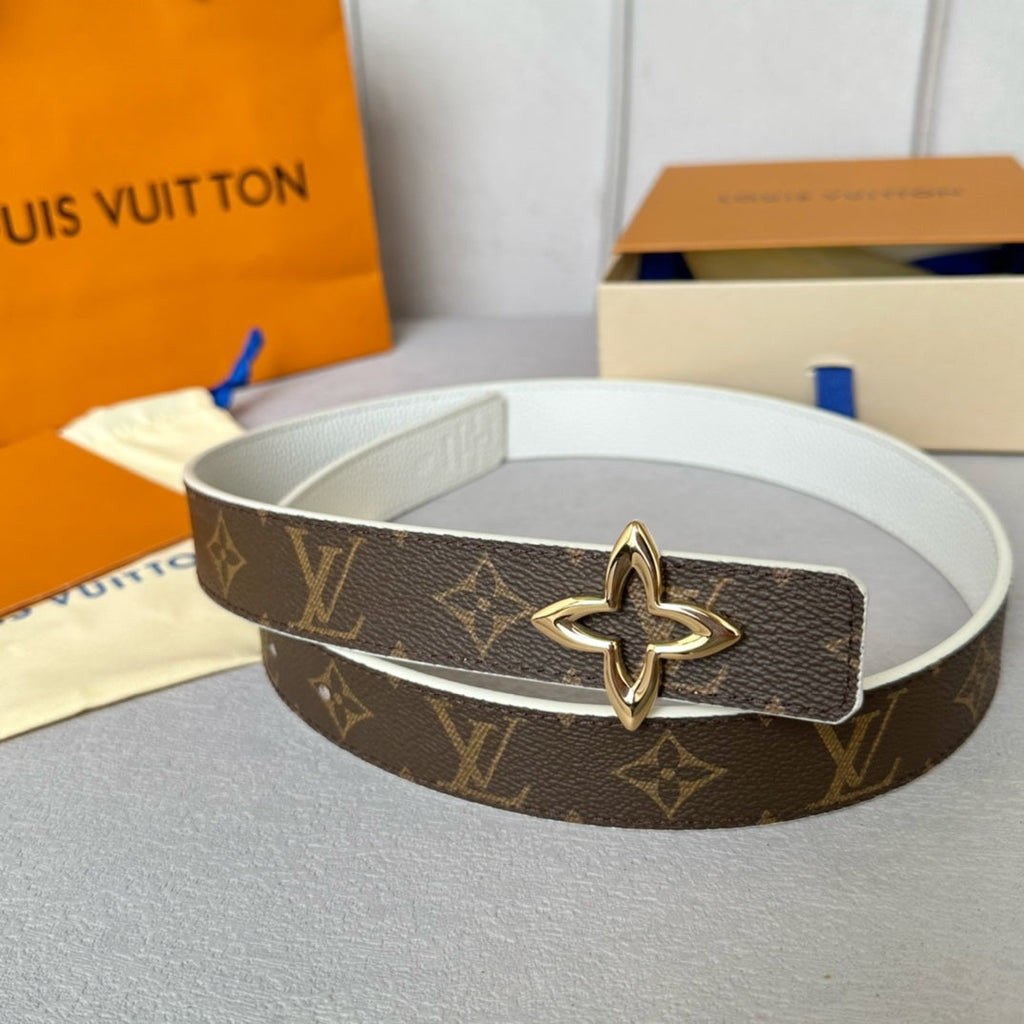 LV  MINI FLOWERGRAM 30MM REVERSIBLE BELT IN WHITE CALFSKIN GOLD HARDWARE