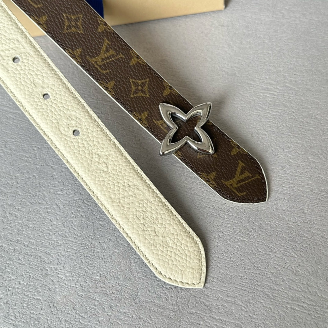 LV  MINI FLOWERGRAM 30MM REVERSIBLE BELT IN WHITE EMBOSSED CALFSKIN SILVER HARDWARE
