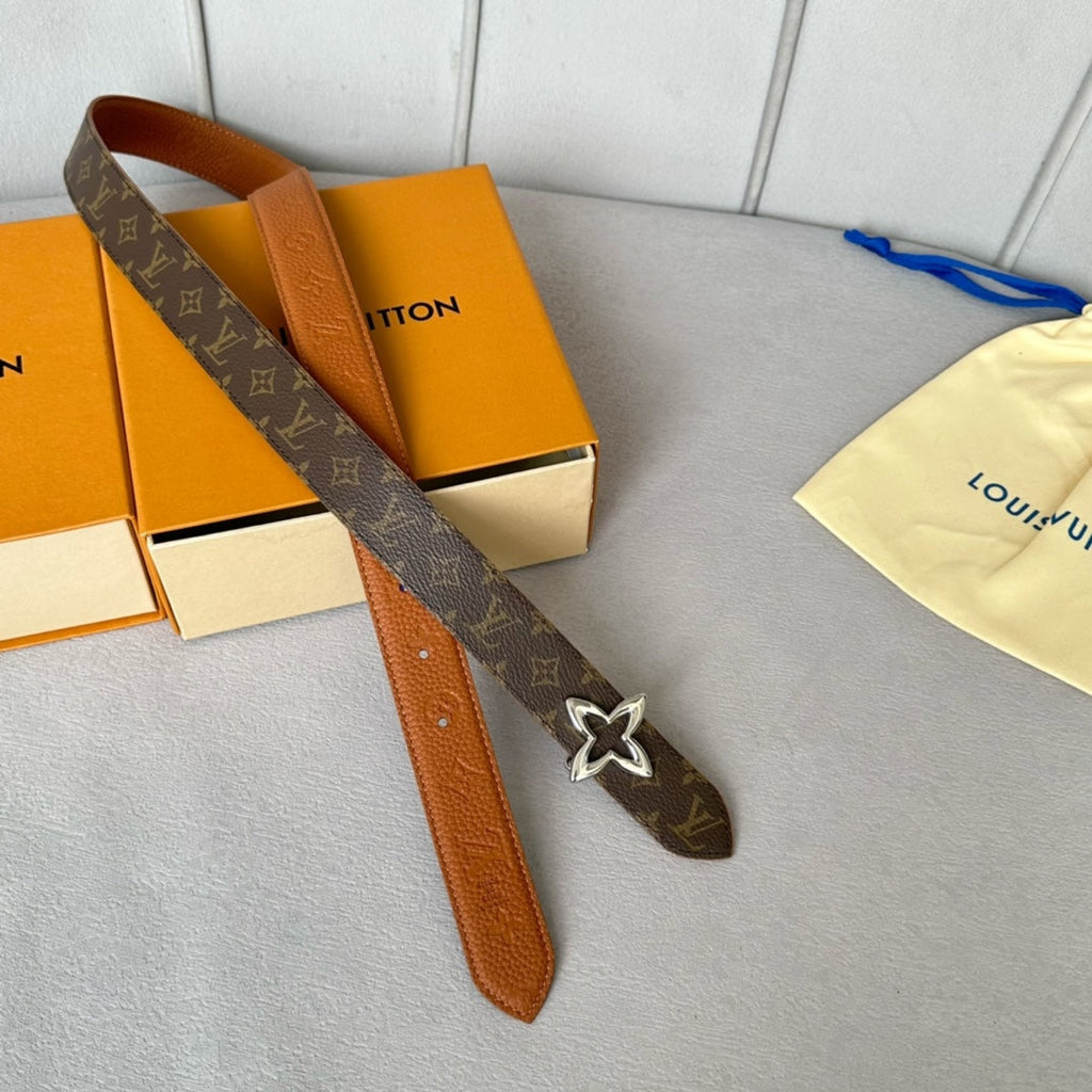 LV  MINI FLOWERGRAM 30MM REVERSIBLE BELT IN BRONZE BROWN EMBOSSED CALFSKIN SILVER HARDWARE