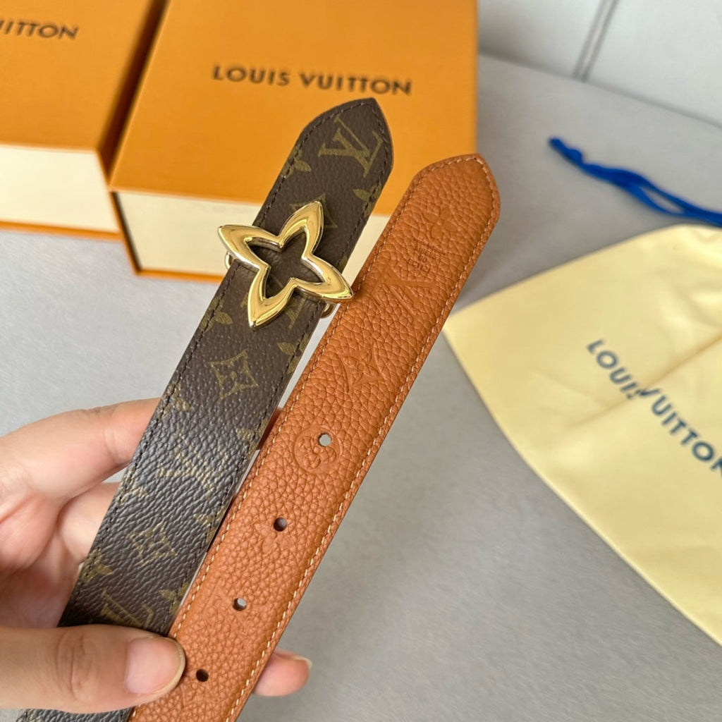 LV  MINI FLOWERGRAM 30MM REVERSIBLE BELT IN BRONZE BROWN EMBOSSED CALFSKIN GOLD HARDWARE