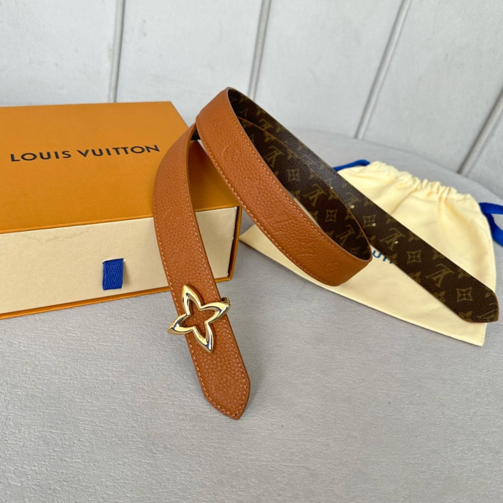 LV  MINI FLOWERGRAM 30MM REVERSIBLE BELT IN BRONZE BROWN EMBOSSED CALFSKIN GOLD HARDWARE