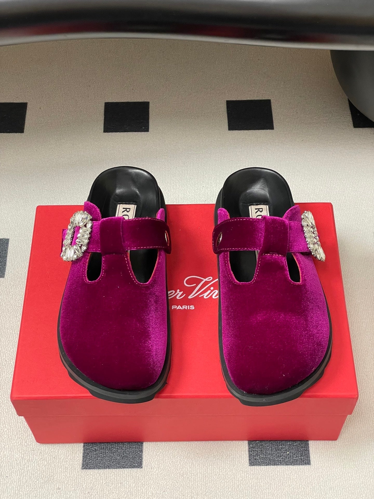 ROGER VIVIER 25S VIV' RANGERS MULES IN DARK MAGENTA VELVET EMBELLISHED CRYSTALS