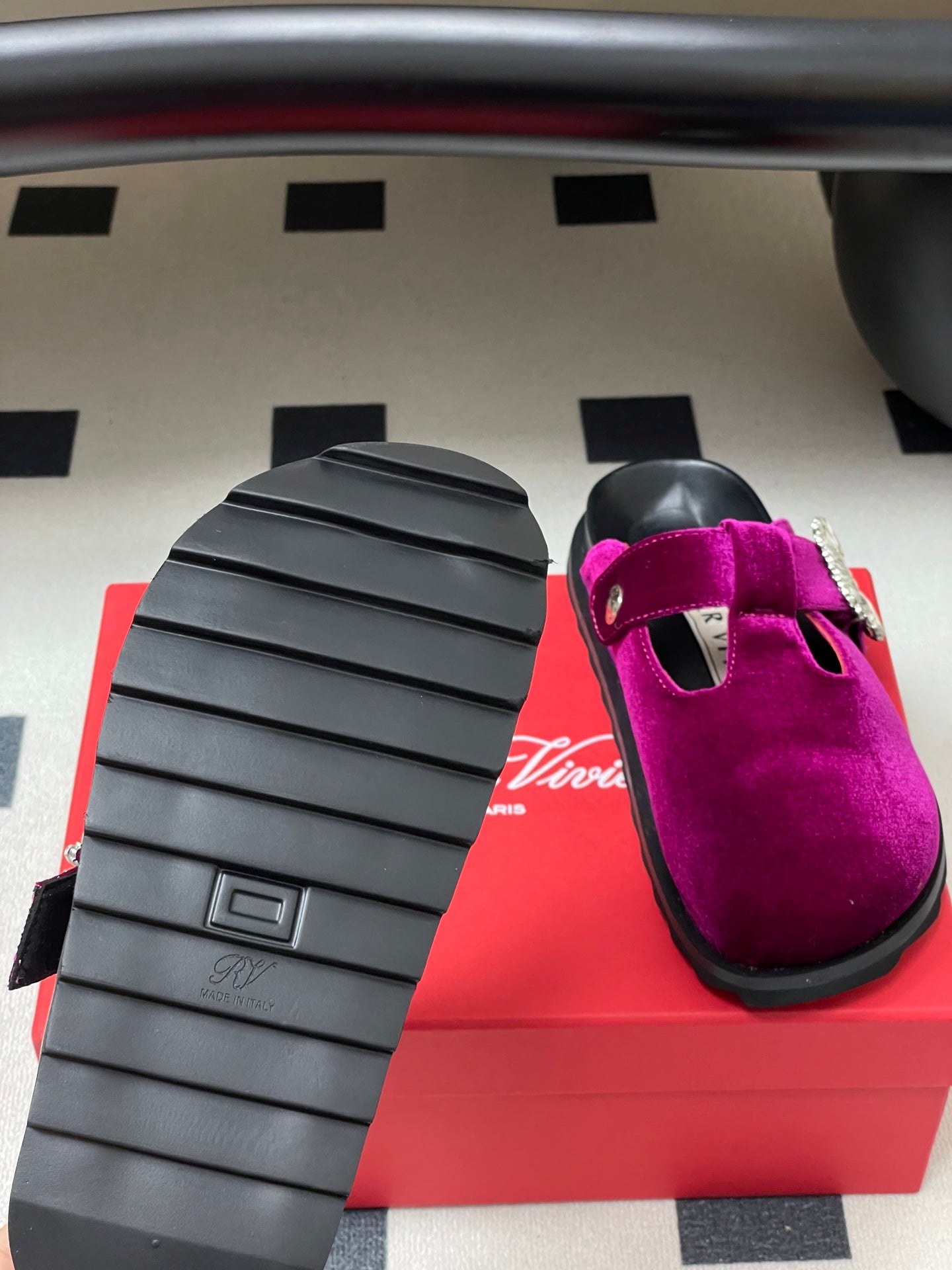 ROGER VIVIER 25S VIV' RANGERS MULES IN DARK MAGENTA VELVET EMBELLISHED CRYSTALS