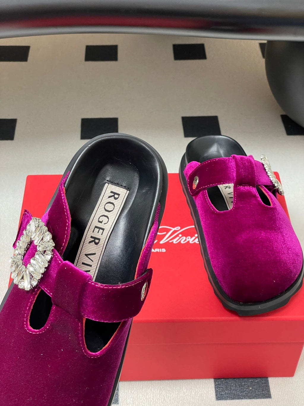 ROGER VIVIER 25S VIV' RANGERS MULES IN DARK MAGENTA VELVET EMBELLISHED CRYSTALS