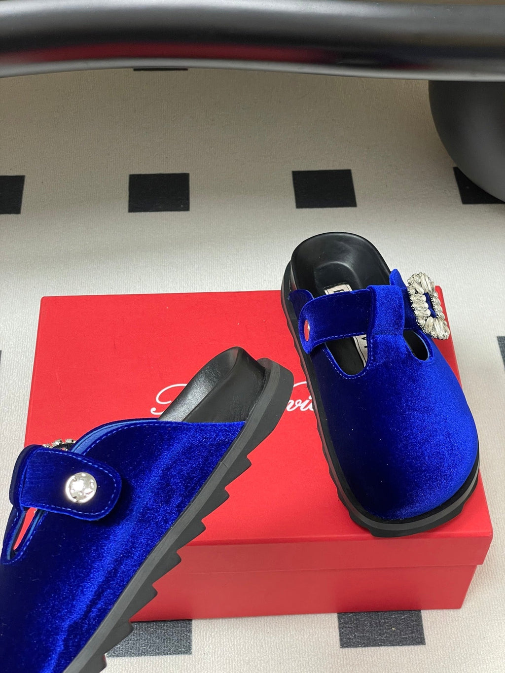 ROGER VIVIER 25S VIV' RANGERS MULES IN DARK BLUE VELVET EMBELLISHED CRYSTALS