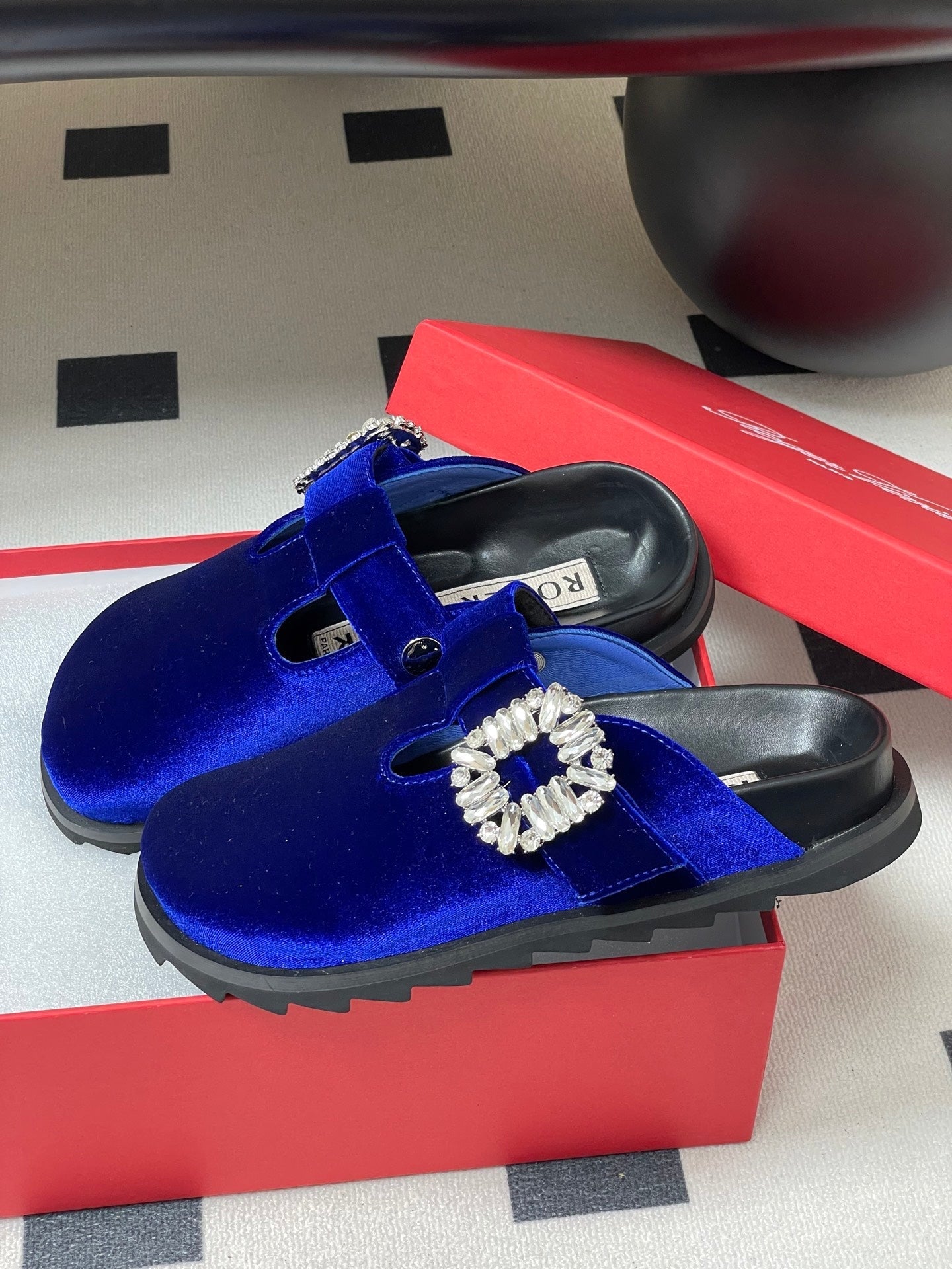 ROGER VIVIER 25S VIV' RANGERS MULES IN DARK BLUE VELVET EMBELLISHED CRYSTALS