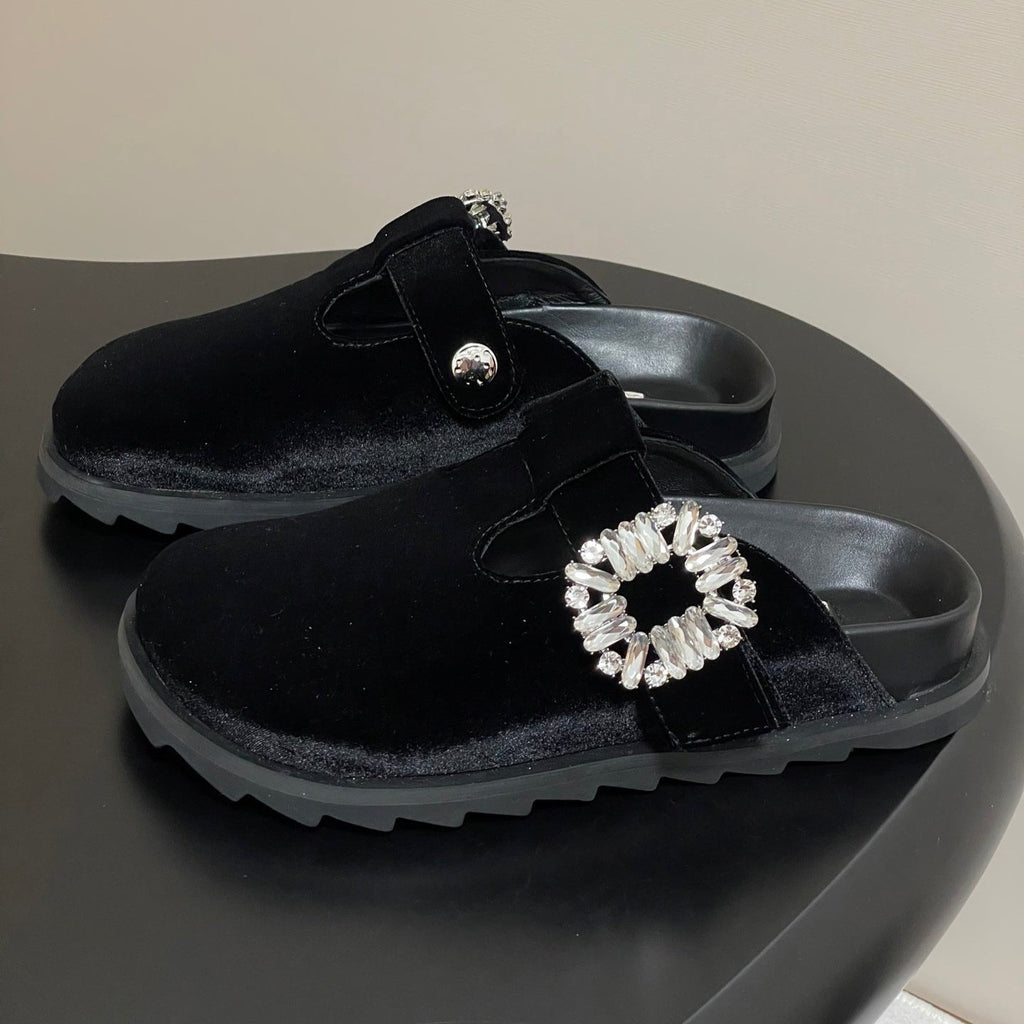 ROGER VIVIER 25S VIV' RANGERS MULES IN BLACK VELVET EMBELLISHED CRYSTALS