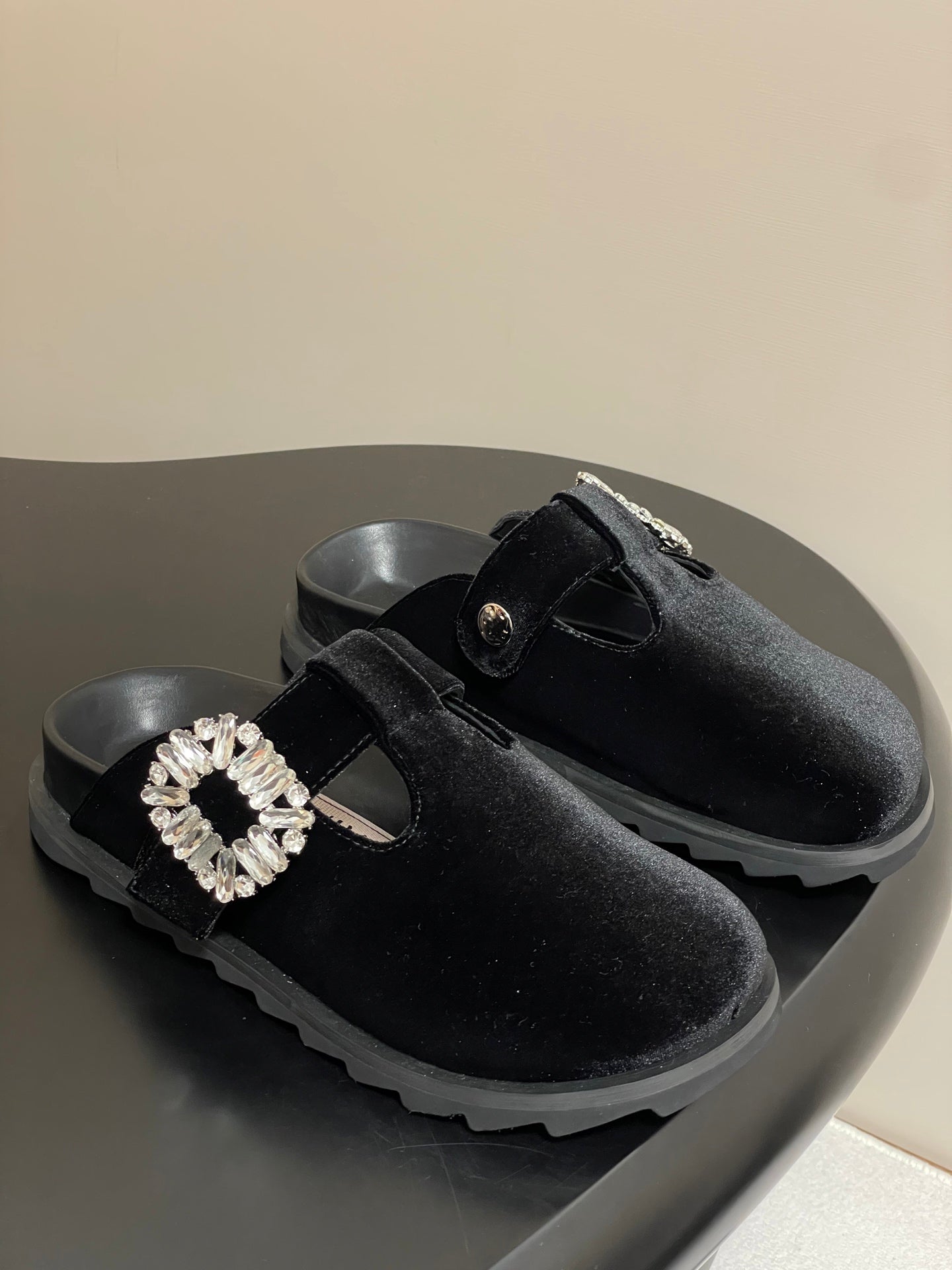 ROGER VIVIER 25S VIV' RANGERS MULES IN BLACK VELVET EMBELLISHED CRYSTALS