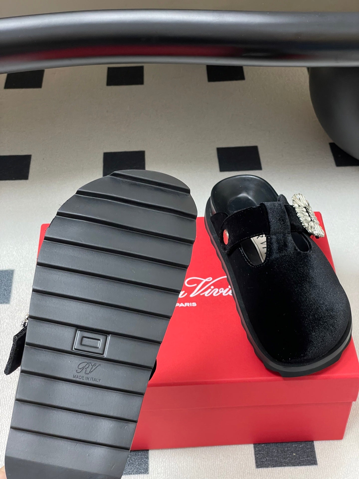 ROGER VIVIER 25S VIV' RANGERS MULES IN BLACK VELVET EMBELLISHED CRYSTALS