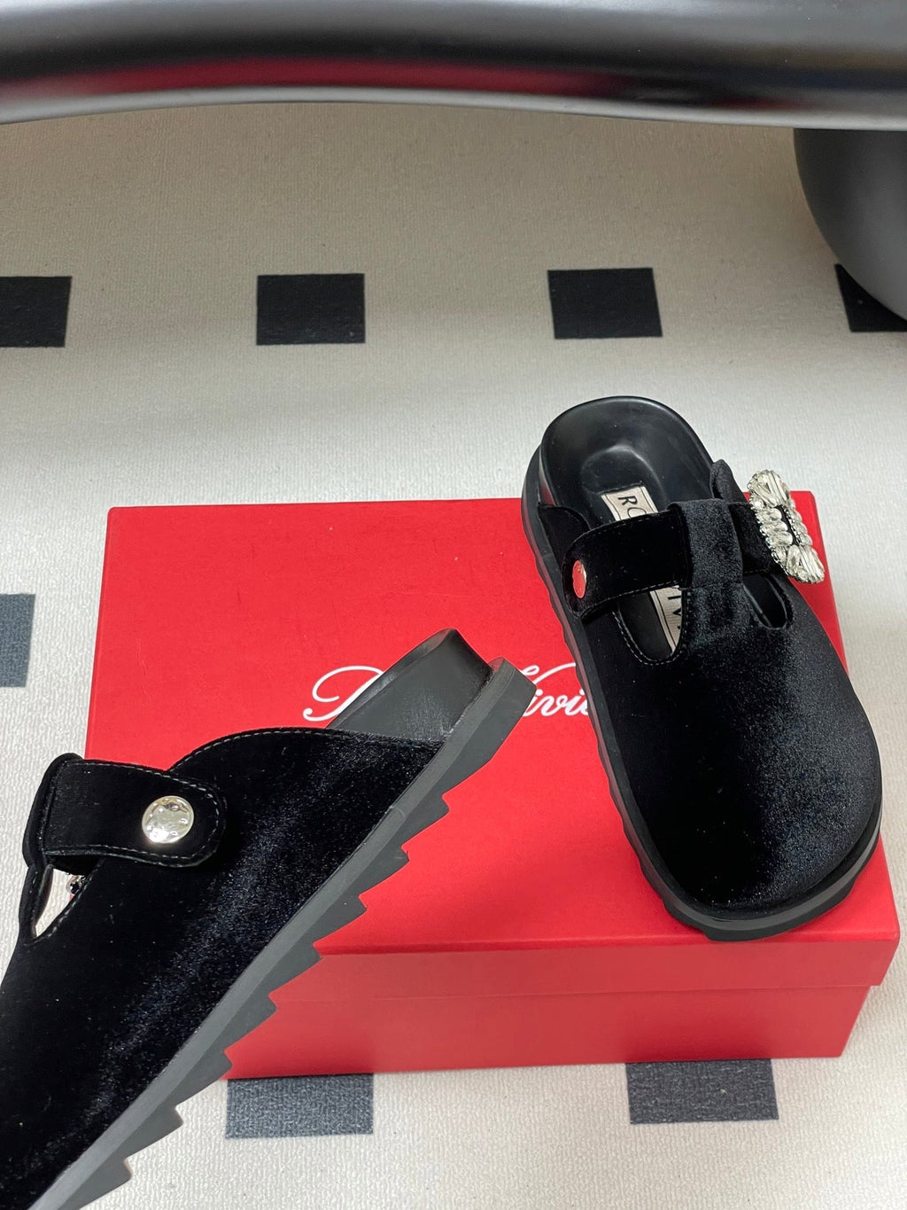 ROGER VIVIER 25S VIV' RANGERS MULES IN BLACK VELVET EMBELLISHED CRYSTALS