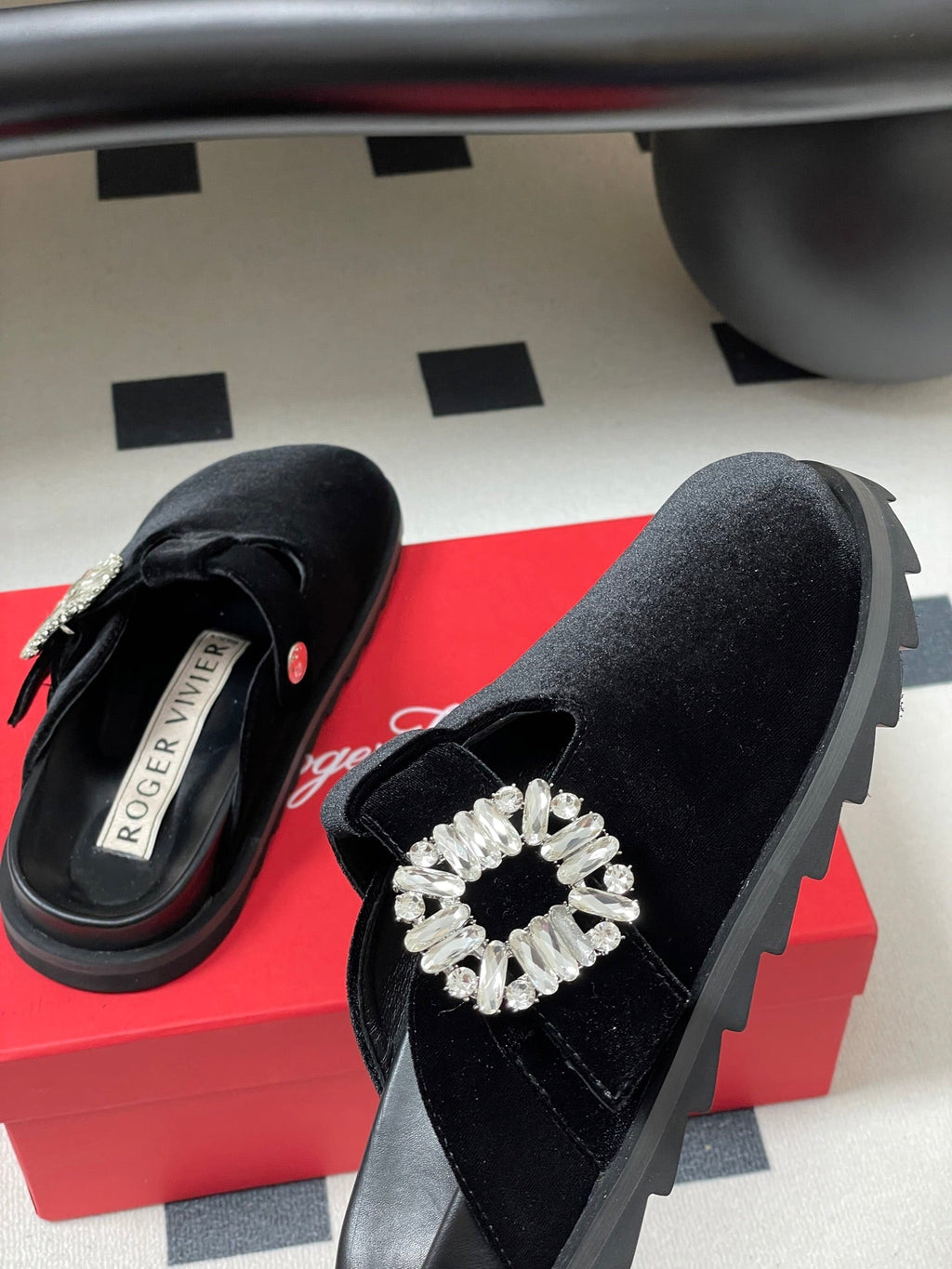 ROGER VIVIER 25S VIV' RANGERS MULES IN BLACK VELVET EMBELLISHED CRYSTALS