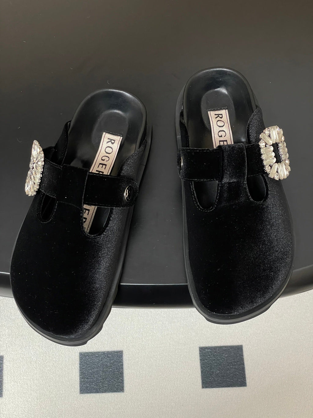 ROGER VIVIER 25S VIV' RANGERS MULES IN BLACK VELVET EMBELLISHED CRYSTALS