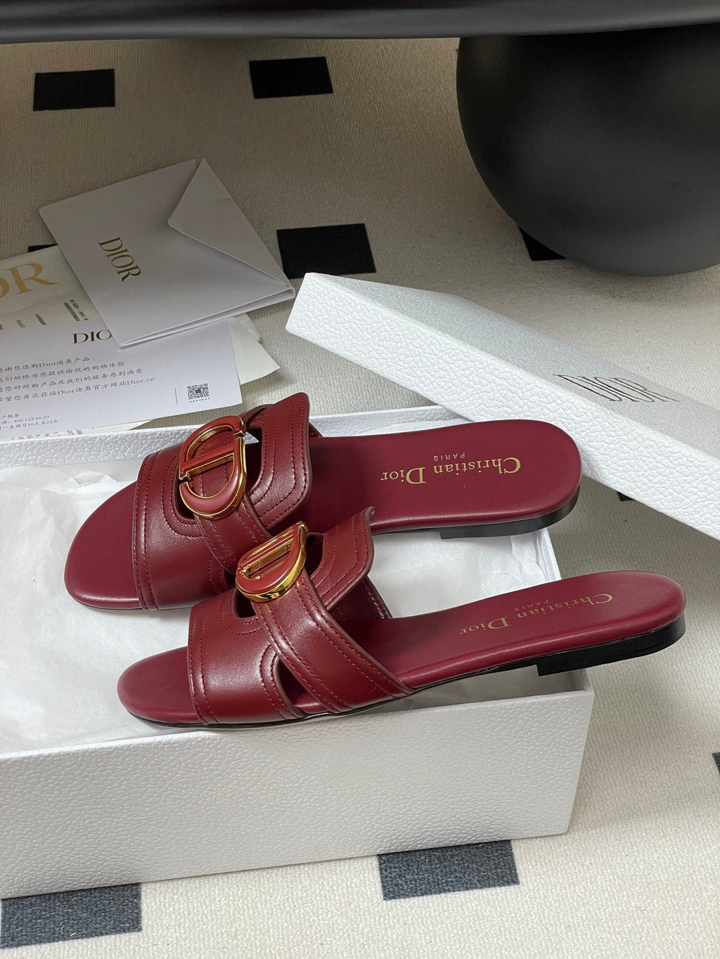DIOR CLASSIC MONTAIGNE SANDALS 25S IN DARK RED LAMBSKIN WITH CD LOGO