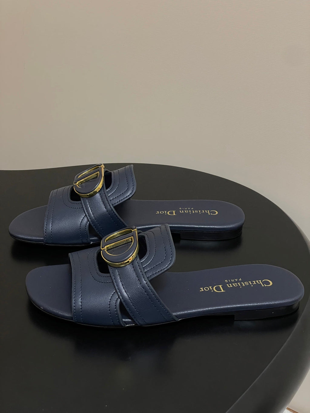 DIOR CLASSIC MONTAIGNE SANDALS 25S IN MIDNIGHT BLUE LAMBSKIN WITH CD LOGO
