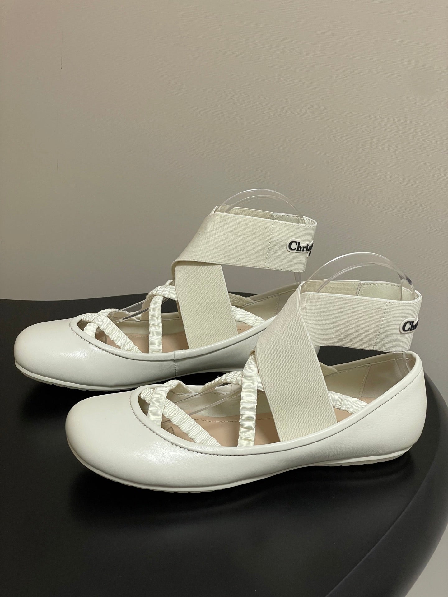 DIOR STRETCH BALLET FLATS 25S IN CREAM WHITE LAMBSKIN WITH CROSSED STRAPS