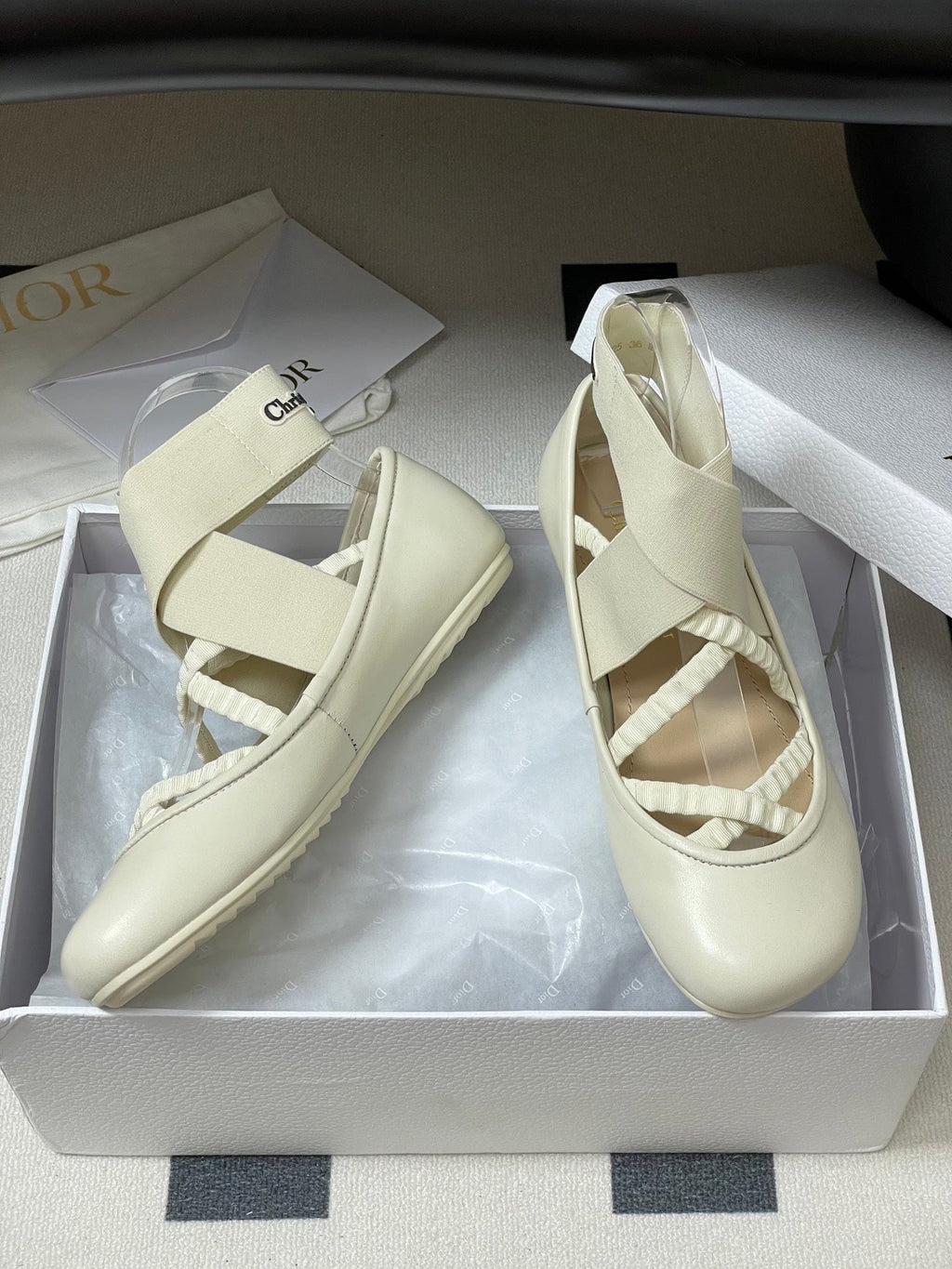 DIOR STRETCH BALLET FLATS 25S IN CREAM WHITE LAMBSKIN WITH CROSSED STRAPS