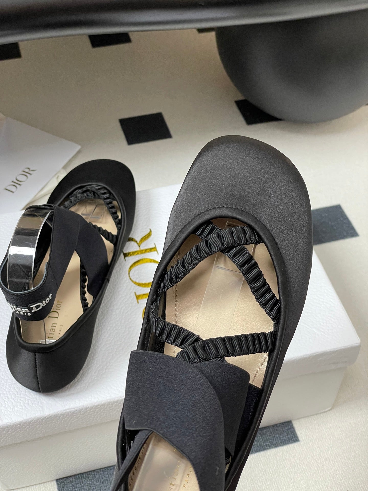 DIOR STRETCH BALLET FLATS 25S IN BLACK FABRIC WITH CROSSED STRAPS
