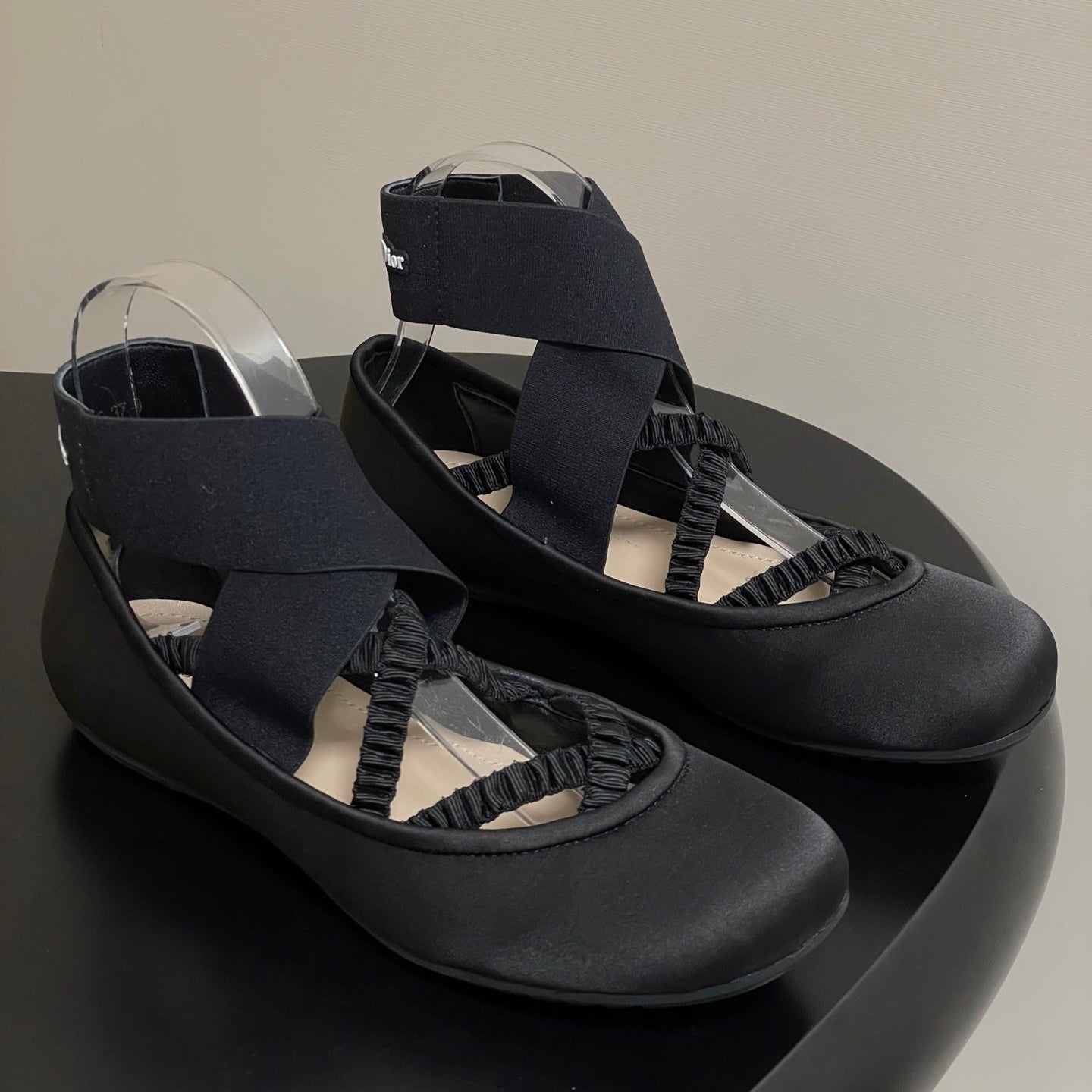 DIOR STRETCH BALLET FLATS 25S IN BLACK FABRIC WITH CROSSED STRAPS