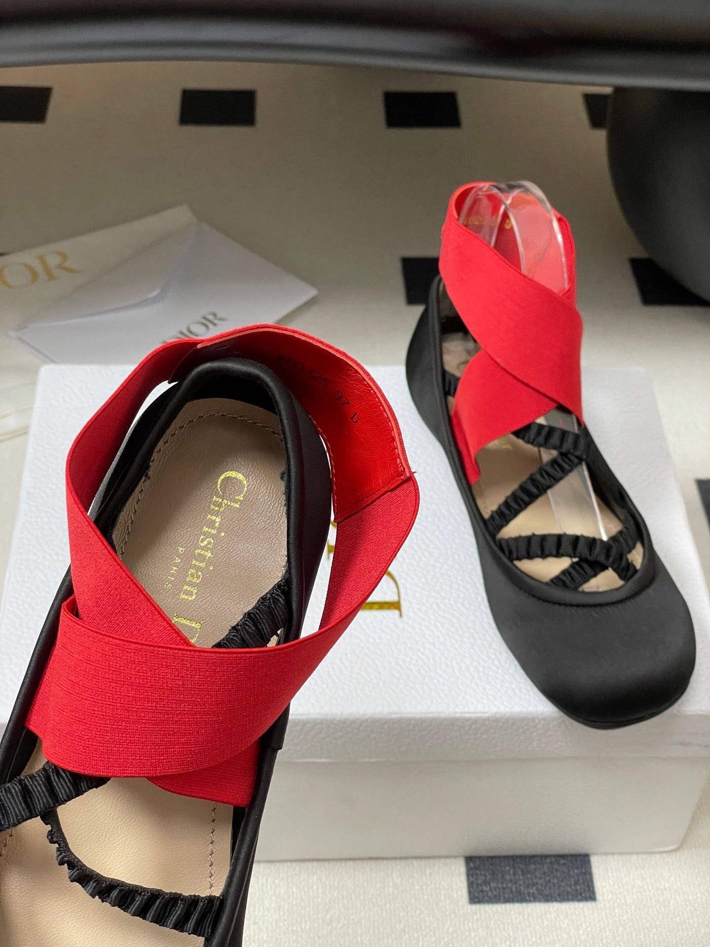 DIOR STRETCH BALLET FLATS 25S IN BLACK MIX RED FABRIC WITH CROSSED STRAPS