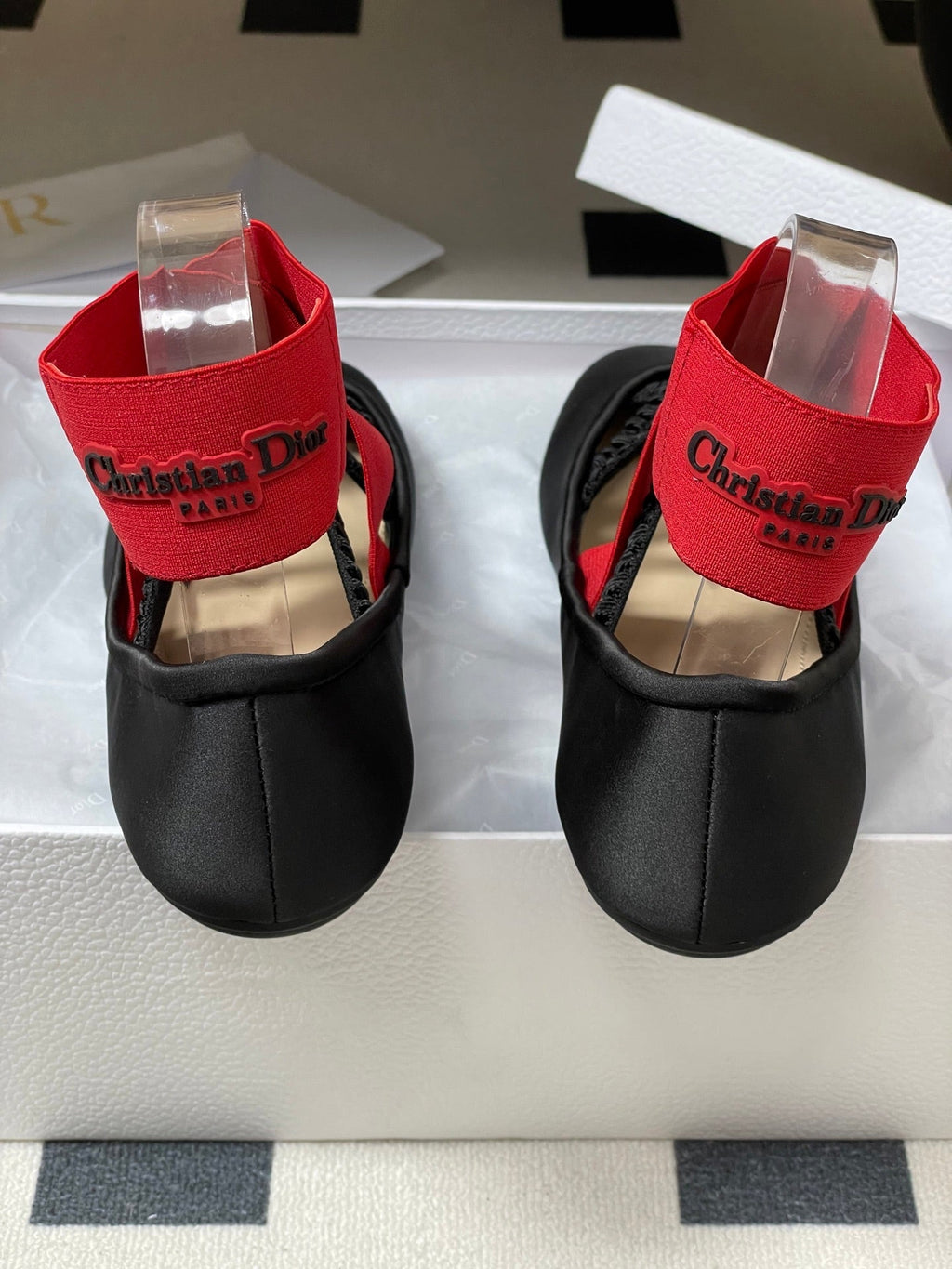 DIOR STRETCH BALLET FLATS 25S IN BLACK MIX RED FABRIC WITH CROSSED STRAPS