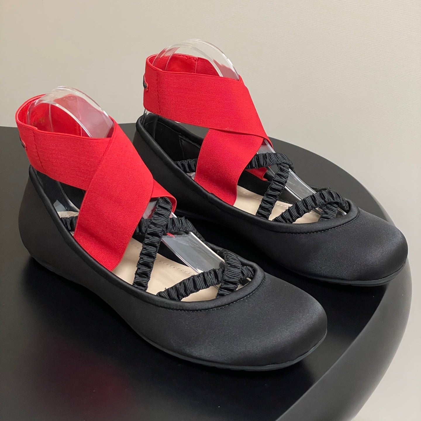 DIOR STRETCH BALLET FLATS 25S IN BLACK MIX RED FABRIC WITH CROSSED STRAPS