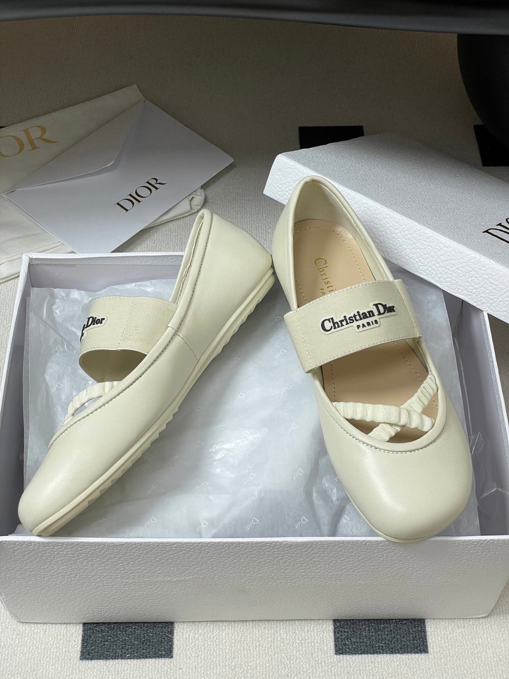 DIOR STRETCH BALLET FLATS 25S IN CREAM WHITE LAMBSKIN