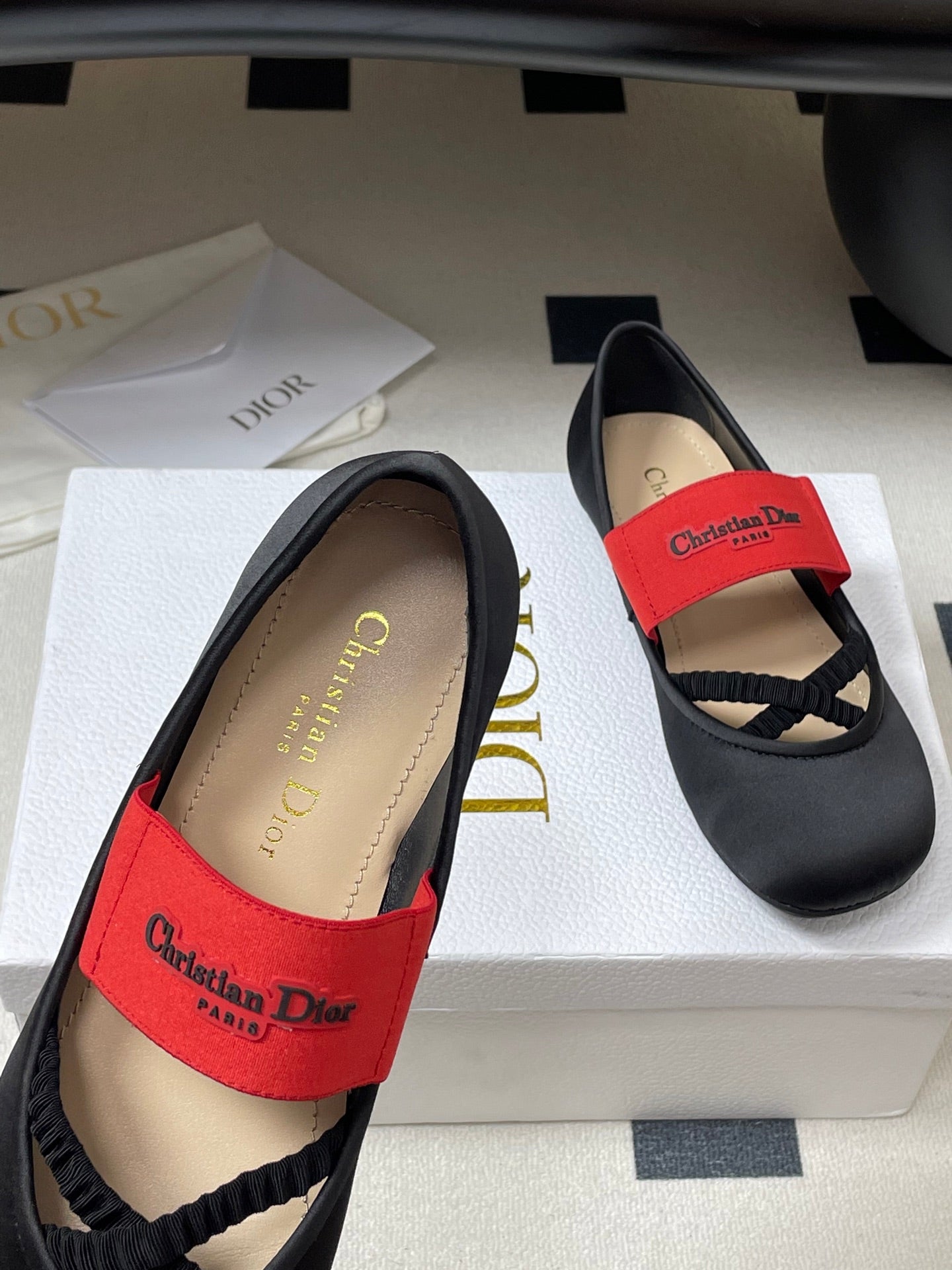 DIOR STRETCH BALLET FLATS 25S IN BLACK MIX RED FABRIC