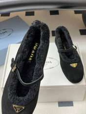 PRADA 25S MARY JANE FLATS IN BLACK SUEDE WITH GOLD HARDWARE