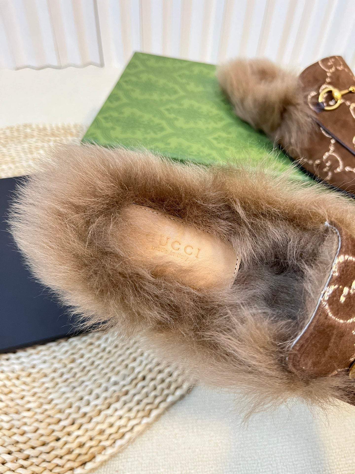 HORSEBIT MULE IN COCOA BROWN MONOGRAM VELVET AND LAMB WOOL LINING