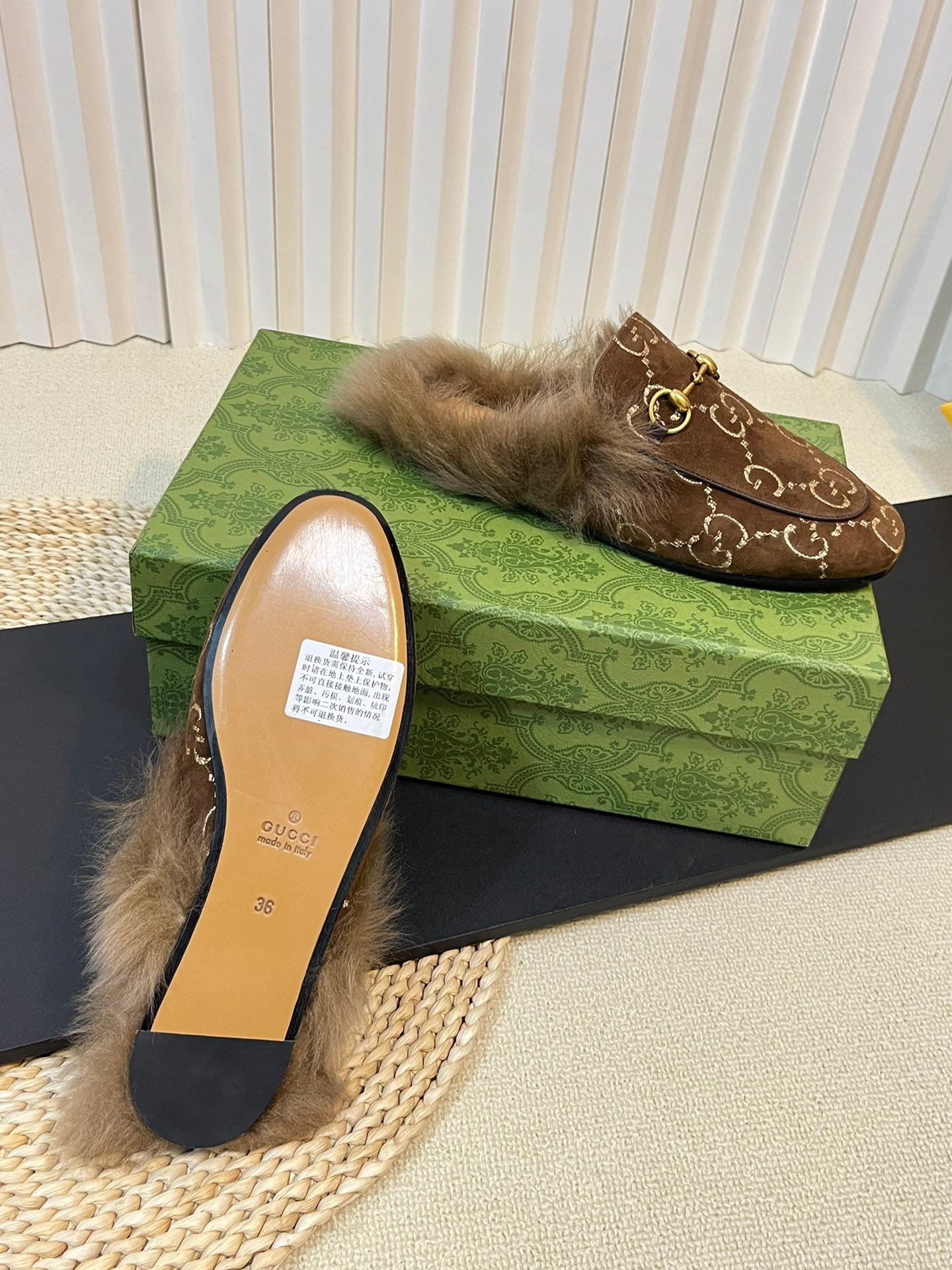 HORSEBIT MULE IN COCOA BROWN MONOGRAM VELVET AND LAMB WOOL LINING