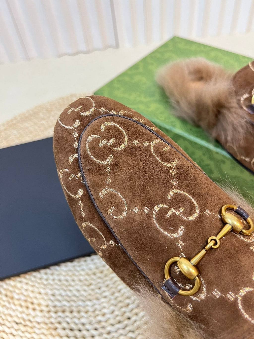 HORSEBIT MULE IN COCOA BROWN MONOGRAM VELVET AND LAMB WOOL LINING