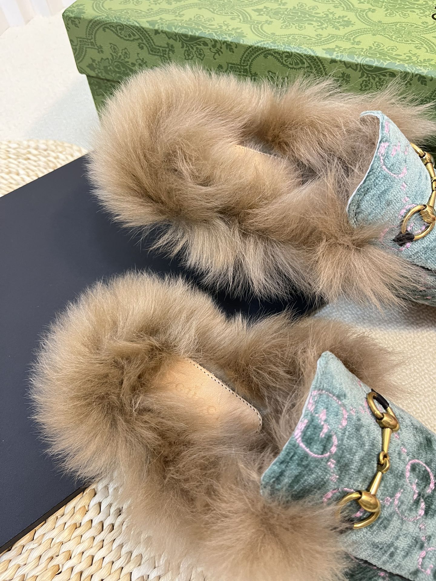 HORSEBIT MULE IN TURQUOISE MONOGRAM VELVET AND LAMB WOOL LINING