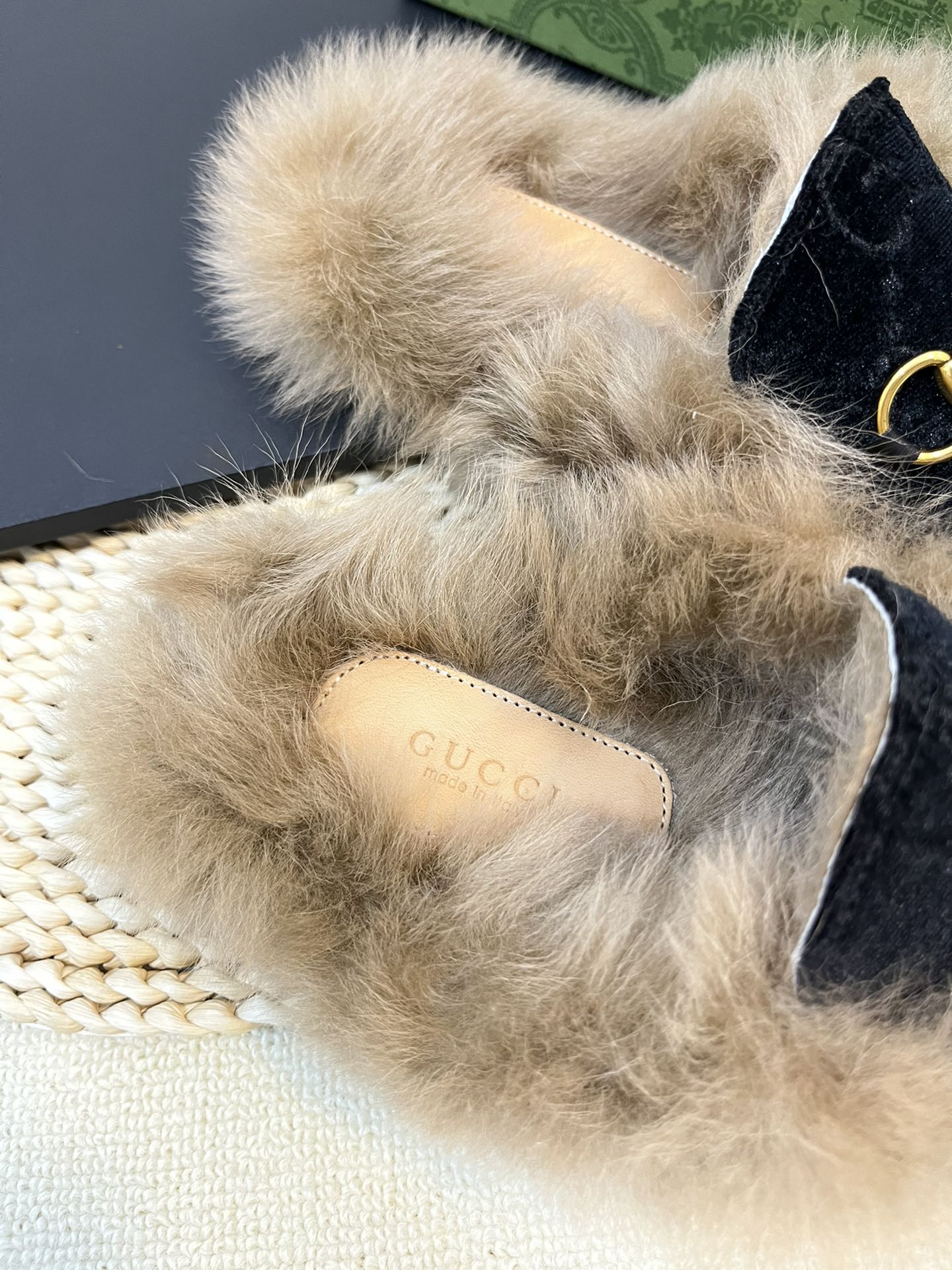 HORSEBIT MULE IN BLACK MONOGRAM VELVET AND LAMB WOOL LINING