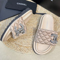 New Style Diamond Buckle Double C Thick Bottom Slippers Beige Cream Sheepskin