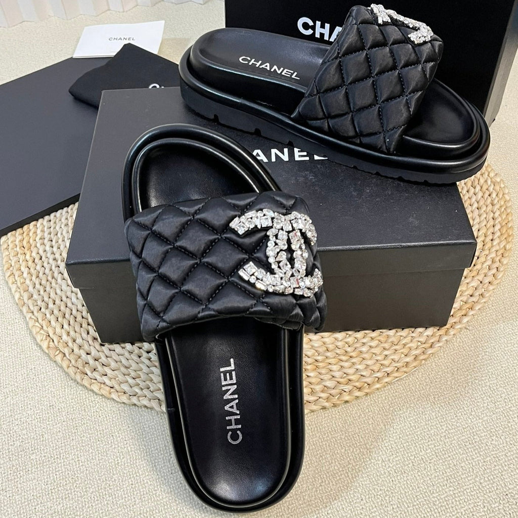 New Style Diamond Buckle Double C Thick Bottom Slippers Black Sheepskin