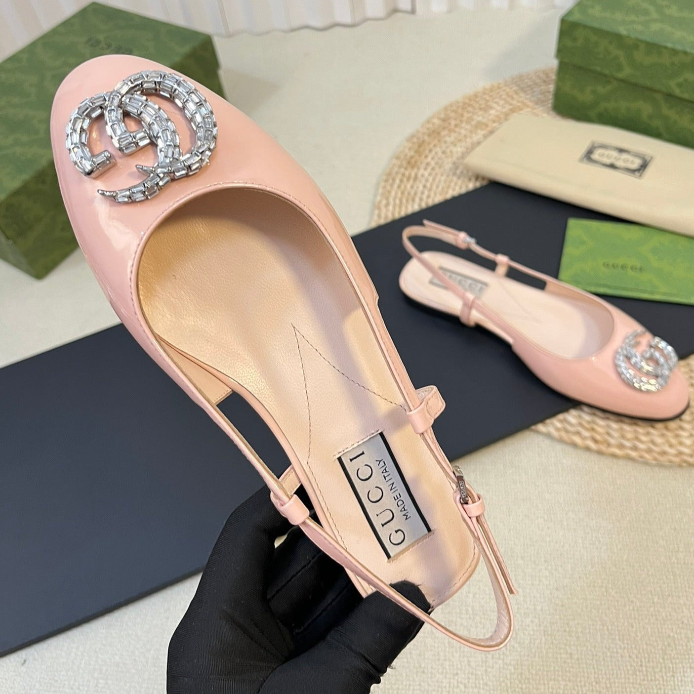 GG Double G patent leather slingback ballet flats Glossy Rose Pink